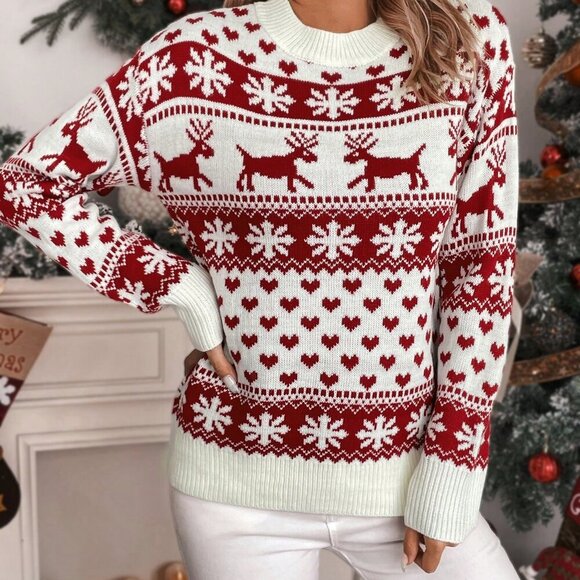 Red And White Casual Women's Christmas Elk & Heart Pattern Drop Shoulder Sweater - Picture 4 of 6